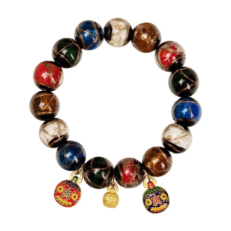 非金属珐琅手链 琉璃手串五彩吞金兽古法手工琉璃手链配布袋