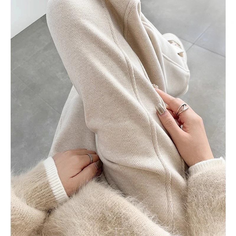 黑灰色人字纹毛呢开叉香蕉阔腿裤女秋冬季加绒加厚高腰针织裤子女