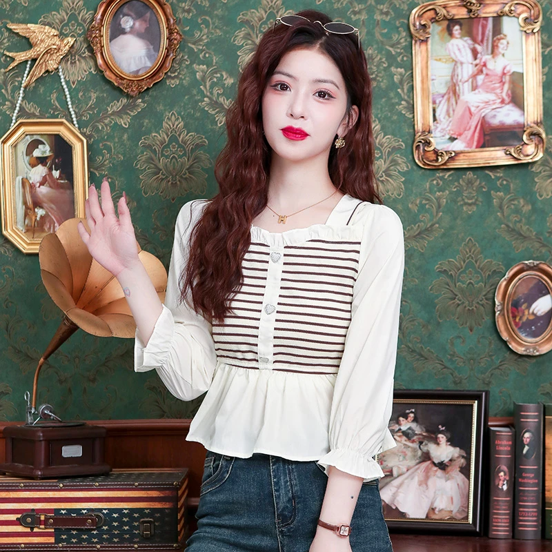 条纹撞色木耳边方领七分袖女上衣甜美设计感娃娃衫时尚气质雪纺衫