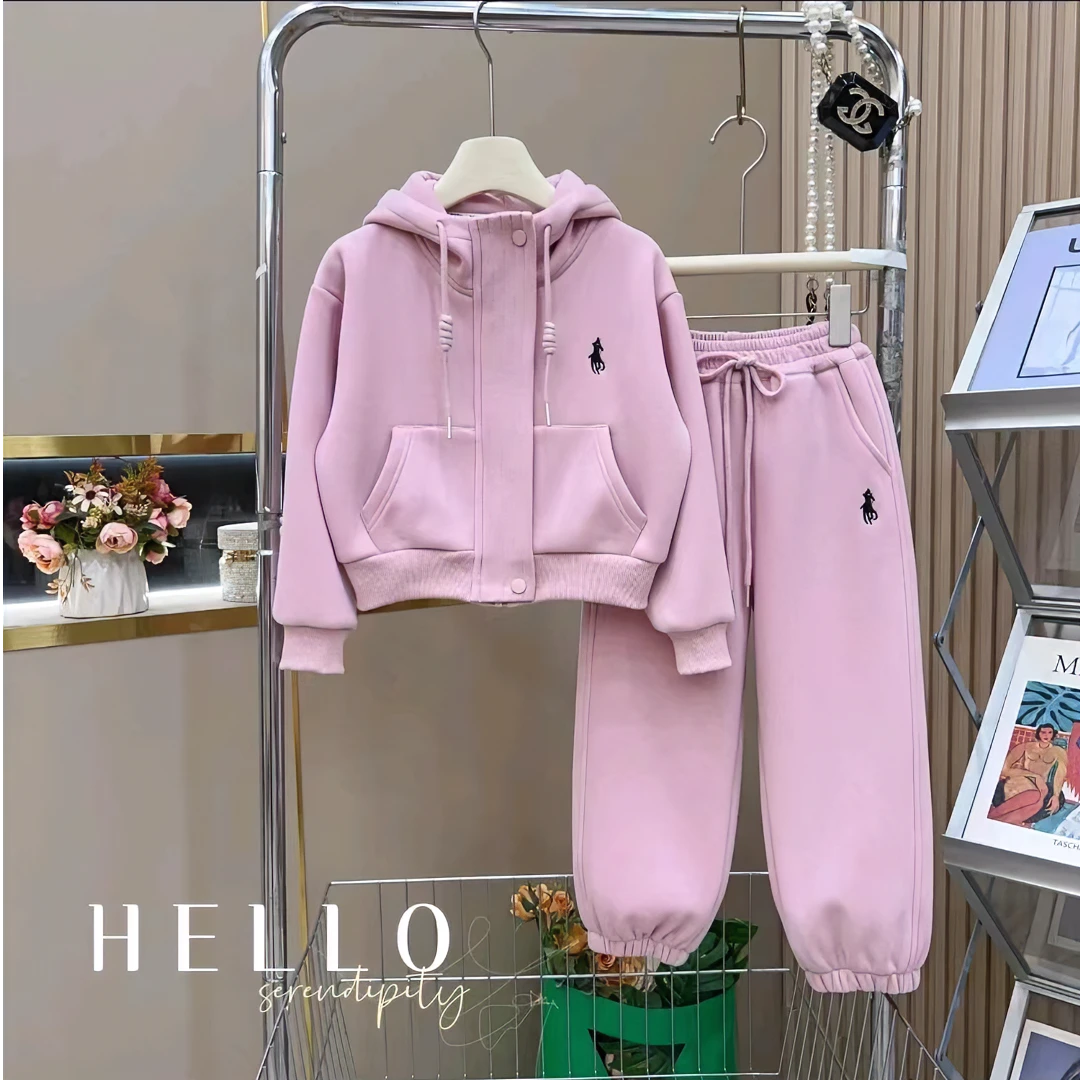 女童秋冬套装2024新款女孩洋气连帽加绒加厚外套裤子冬季两件套潮