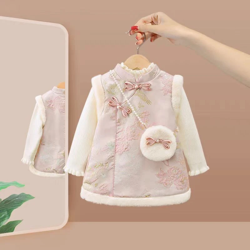 女童旗袍连衣裙冬装拜年时髦洋气汉服儿童宝宝公主过新年周岁礼服