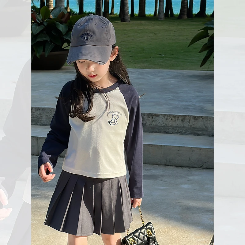 SKA2449女童韩系洋气长袖T恤春装新款儿童休闲插肩袖打底衫上衣