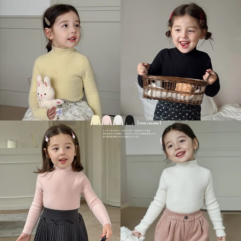 SKH2459女童韩版圆领坑条毛衣冬装新款儿童百搭糖果色针织上衣潮