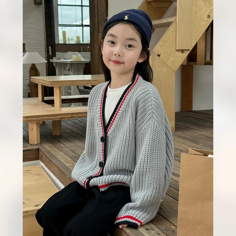 SKE2387中大童韩版宽松毛衣开衫秋装新款女童休闲V领针织上衣潮