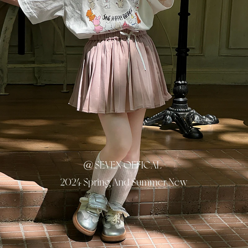 SKE2422女童韩版学院风百褶裙2024夏装新款休闲蝴蝶结A字短裙潮