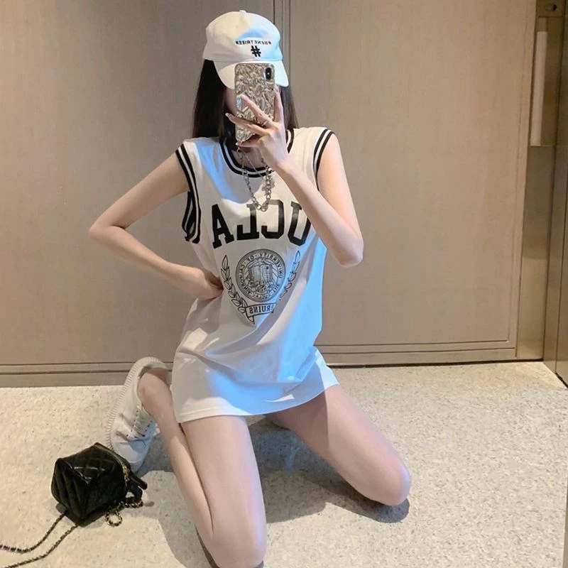 印花无袖背心女设计感夏季复古宽松显瘦大码中长款t恤运动上衣女