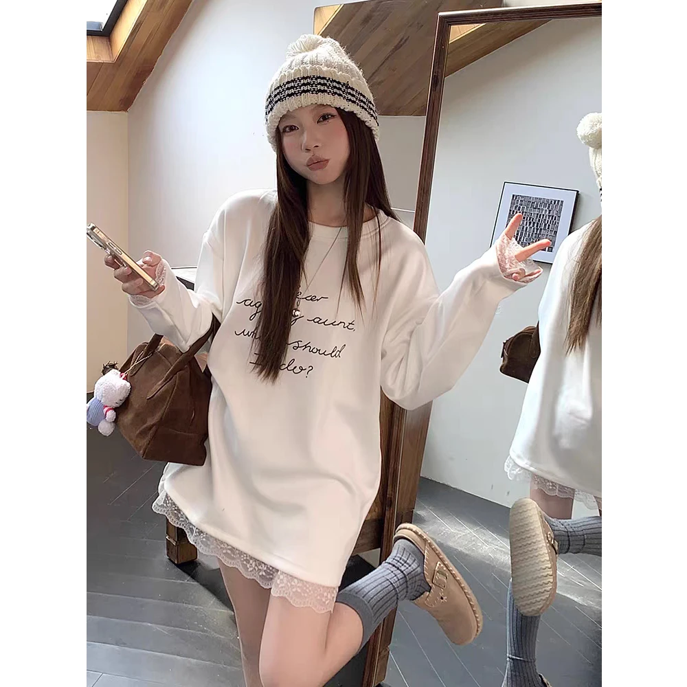 德绒加厚长袖t恤女秋冬字母印花中长款遮屁股蕾丝花边打底衫女潮