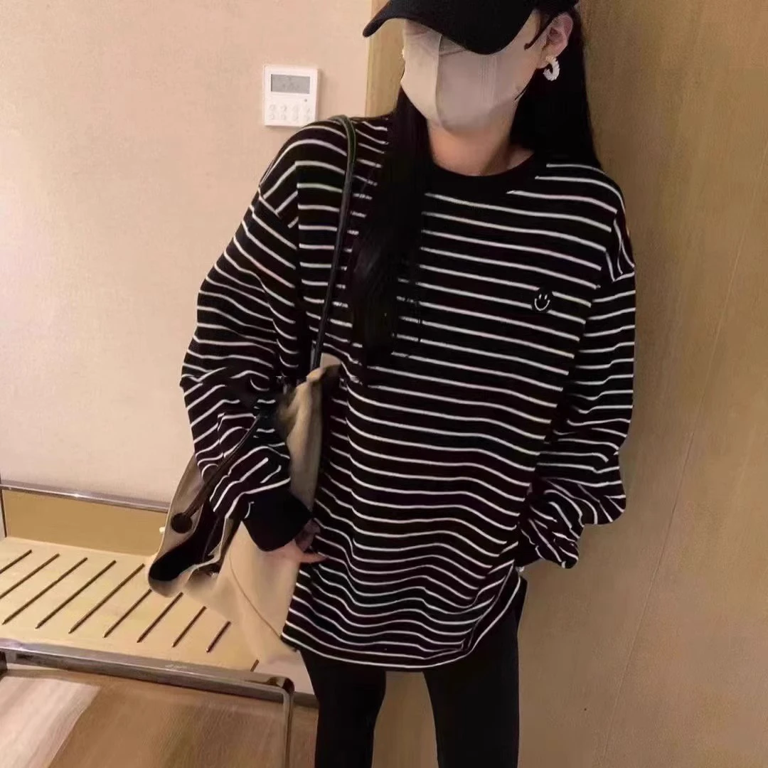 德绒磨毛条纹打底衫女秋冬内搭加绒加厚宽松中长款长袖t恤上衣ins