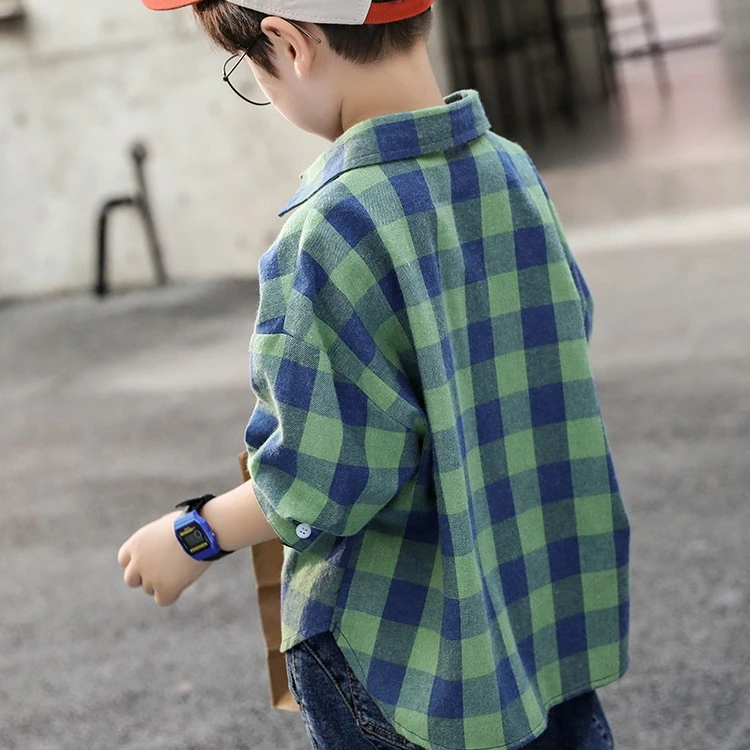 长袖衬衫儿童春秋男童洋气格子衬衣时尚新款【清仓】中大童外套