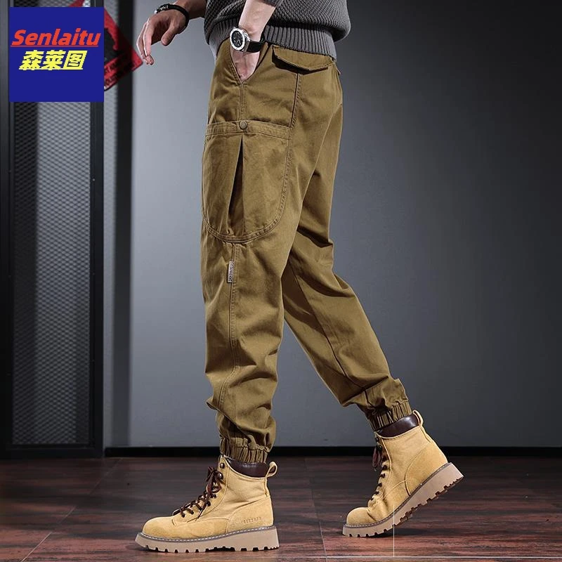 潮牌工装裤子男宽松束脚哈伦裤纯棉大码机能美式复古伐木休闲裤