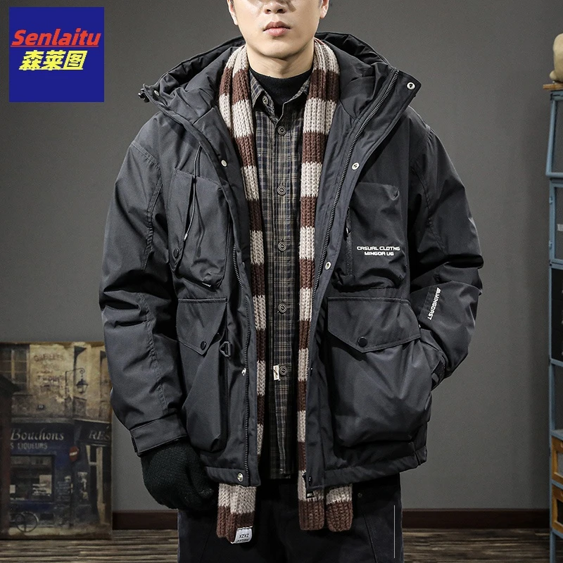 春季潮牌保暖御寒短款工装羽绒服男户外登山滑雪宽松连帽鸭绒外套