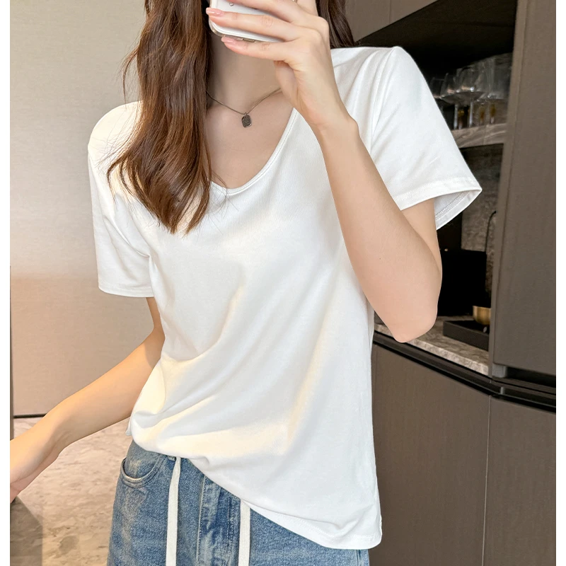 2024短袖T宽松大领口V领U夏季百搭休闲显瘦薄款内搭纯色上衣简约