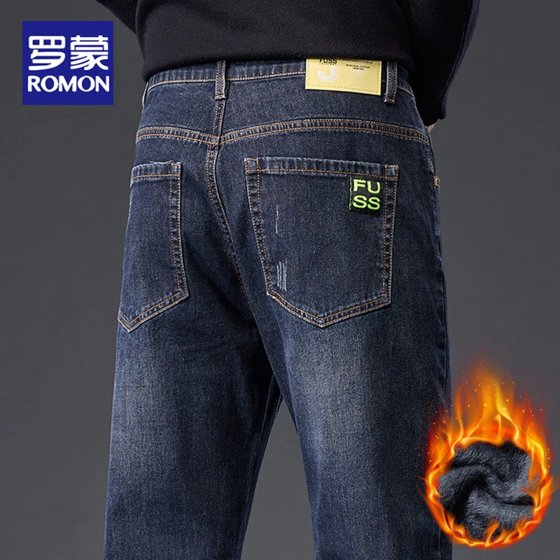 罗蒙牛仔裤男士2025秋冬季加绒款宽松直筒商务百搭弹力休闲长裤