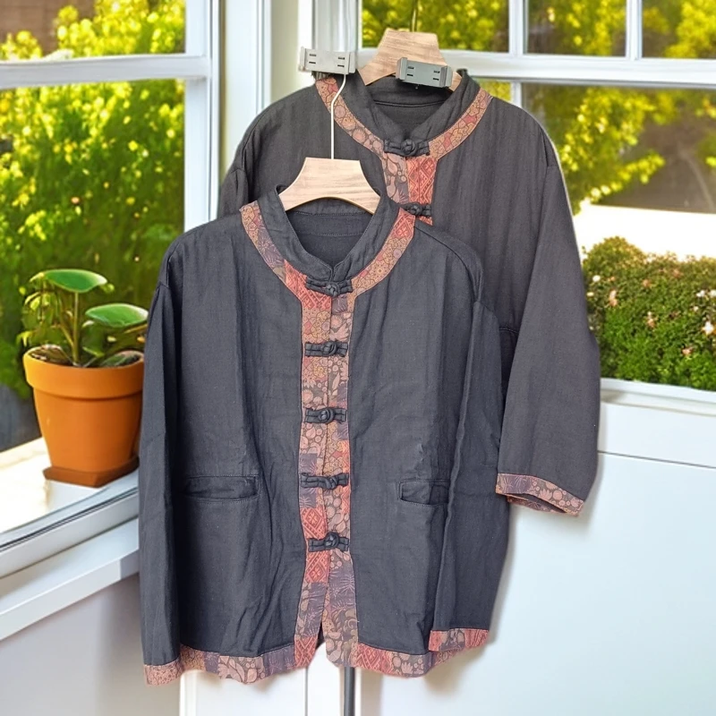 复古时尚双层盘扣立领外套女士秋季拼接宽松百搭拼色开衫上衣