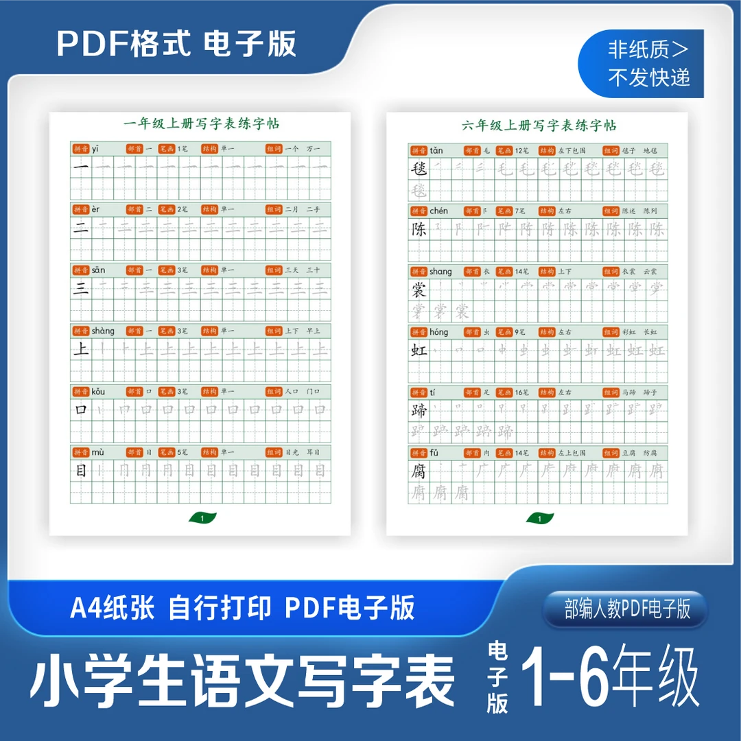 小学生儿童语文123456年级写字表部编人教PDF练字帖生字