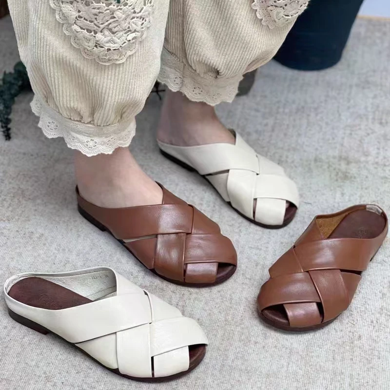 复古真皮女纯手工编织凉拖柔软舒适百搭夏季软面透气