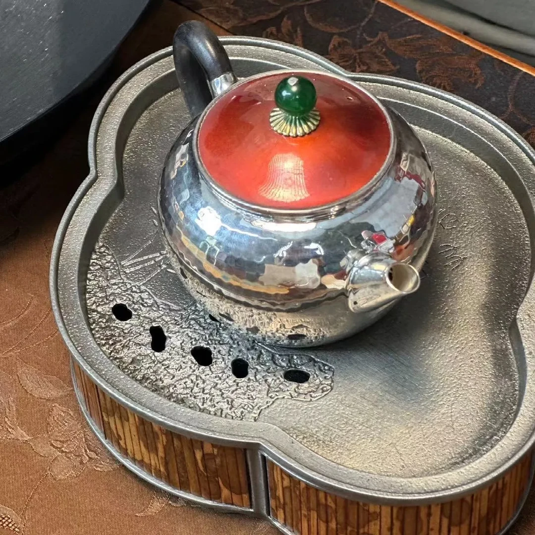 【足银银壶】功夫茶具家居户外足银防烫铜盖泡茶壶999中式锤纹银壶