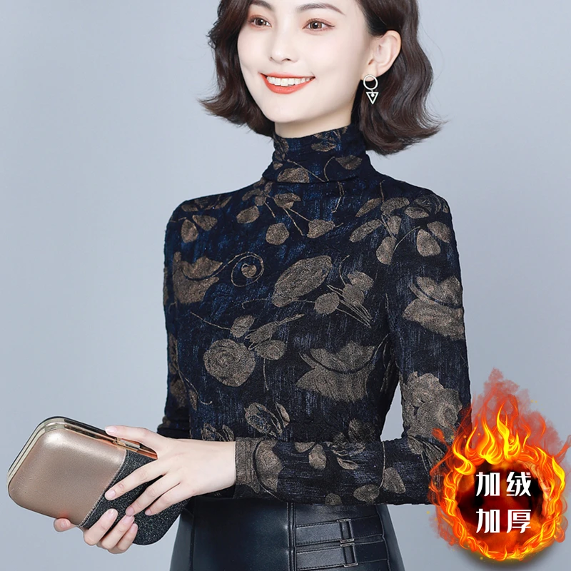 88秋冬新款大码高领打底衫女洋气网纱长袖蕾丝衫百搭显瘦上衣