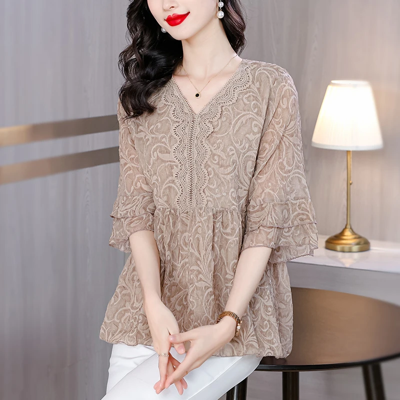 2025新款洋气时髦胖妹妹遮肚显瘦百搭宽松大码印花雪纺衫