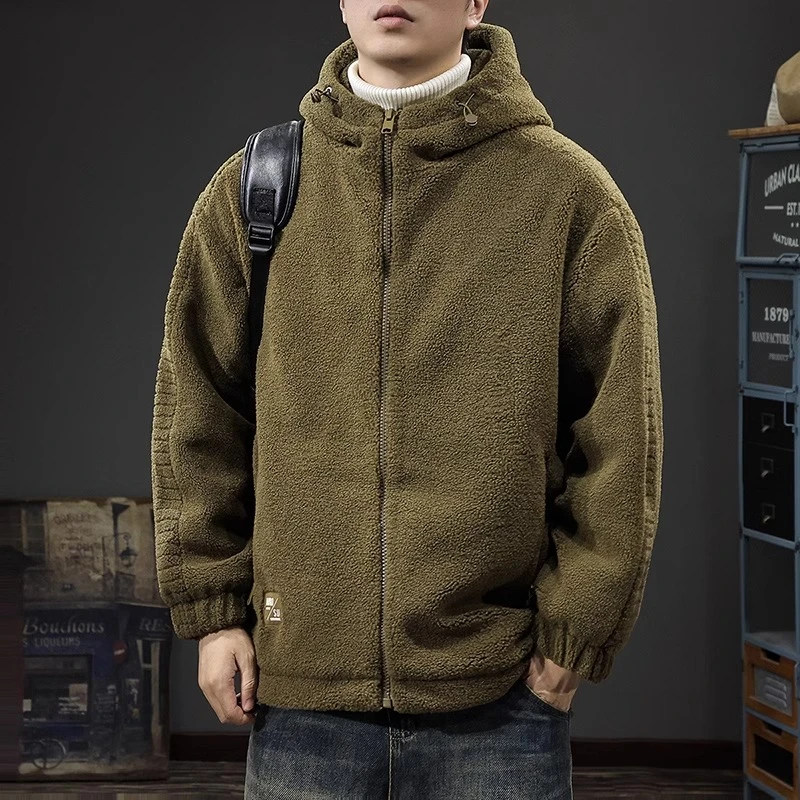 冬季新款羊羔绒连帽羽绒服男90白鸭绒美式复古宽松加厚摇粒绒外套