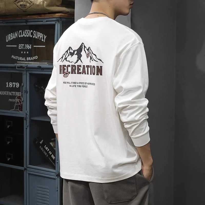 美式潮牌山系印花纯棉长袖t恤男宽松大码秋季重磅圆领打底衫上衣