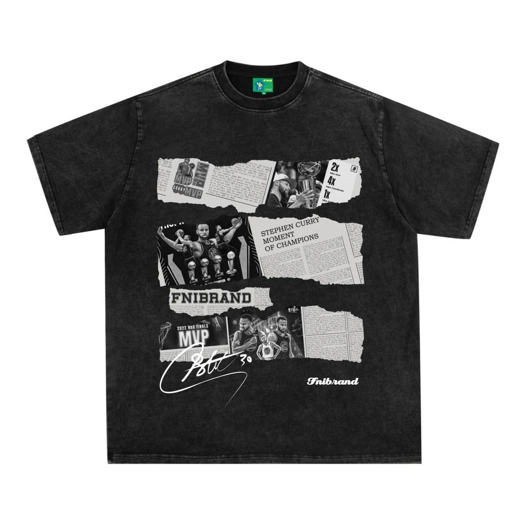 <FNIFNI>-库里 报纸款-美式篮球街头复古水洗短袖潮款行国潮男女