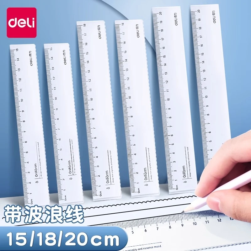 【四把装批发】得力透明直尺小学生专用大数字带波浪线尺子格尺