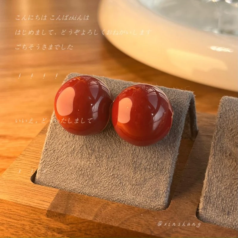 铜合金耳饰 【CC小姐】复古简约红色耳饰新年洋气耳钉轻奢高级耳饰