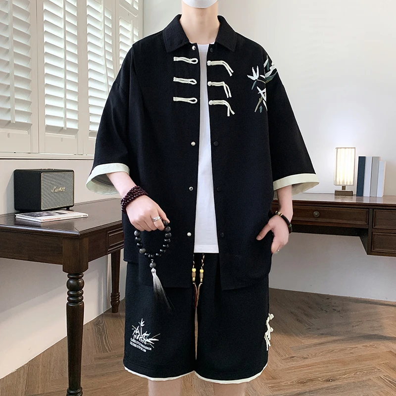 套装男夏季男士中国风短袖衬衫一套休闲中式抽绳短裤复古痞帅宽松