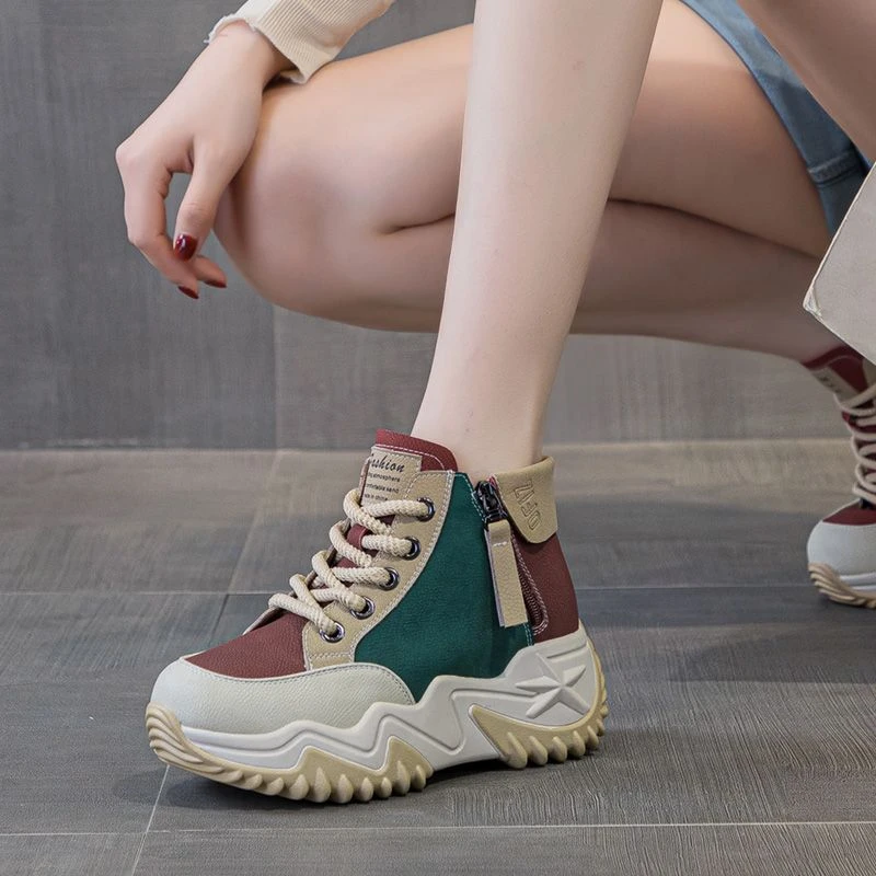 秋冬真皮女鞋2024年新款厚底增高7CM运动鞋时尚百搭休闲跑步鞋女