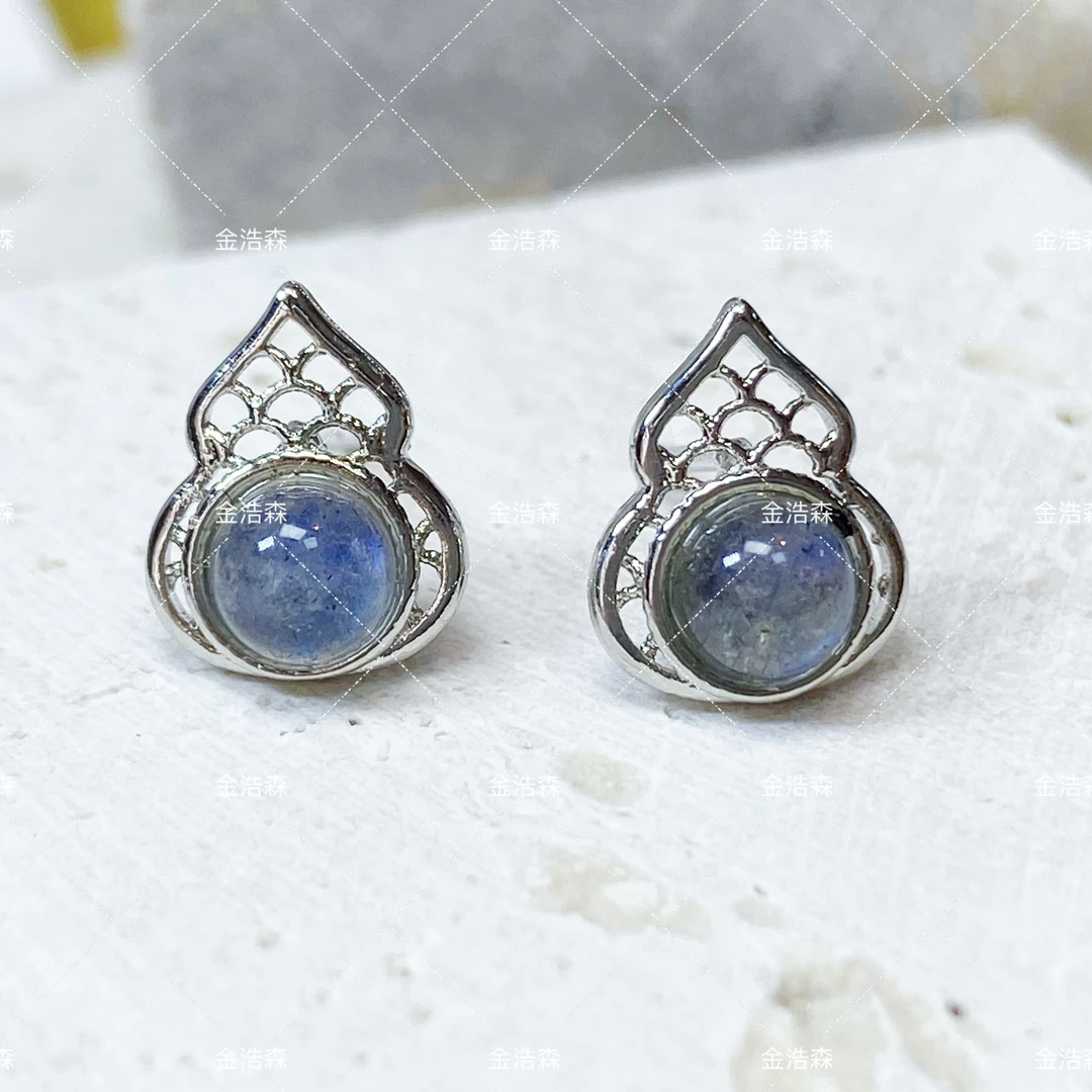 天然灰月光葫芦设计款耳钉镶嵌   礼盒装