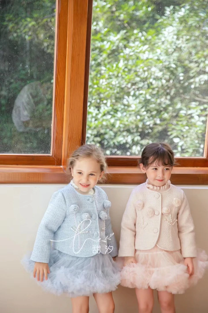 【甜汐-蓝色小香风】两件套女童网纱公主裙儿童女宝8160