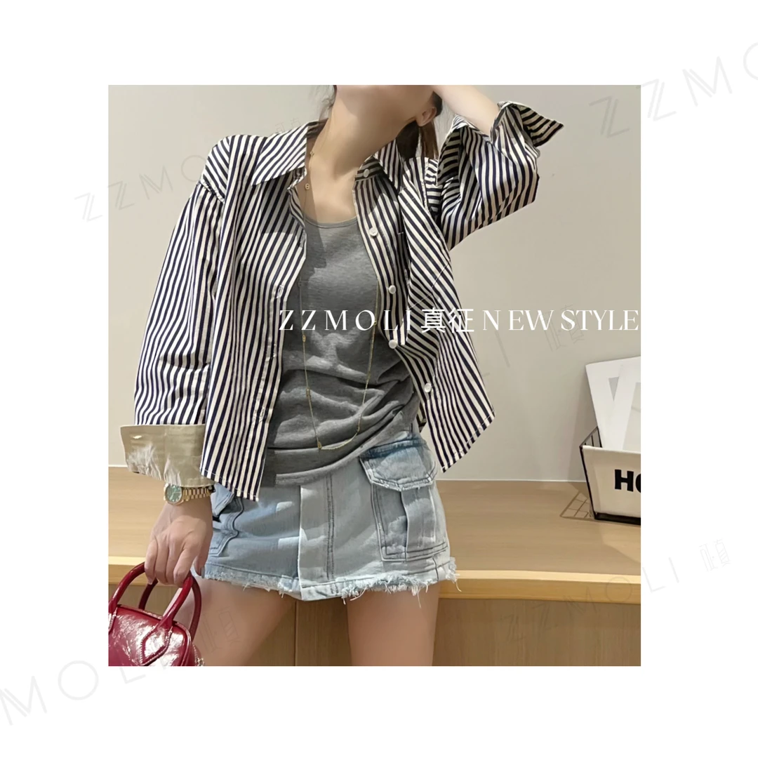 ZzMoLi小个子上衣女长袖衬衣韩版竖条纹衬衫潮 ZBY70005