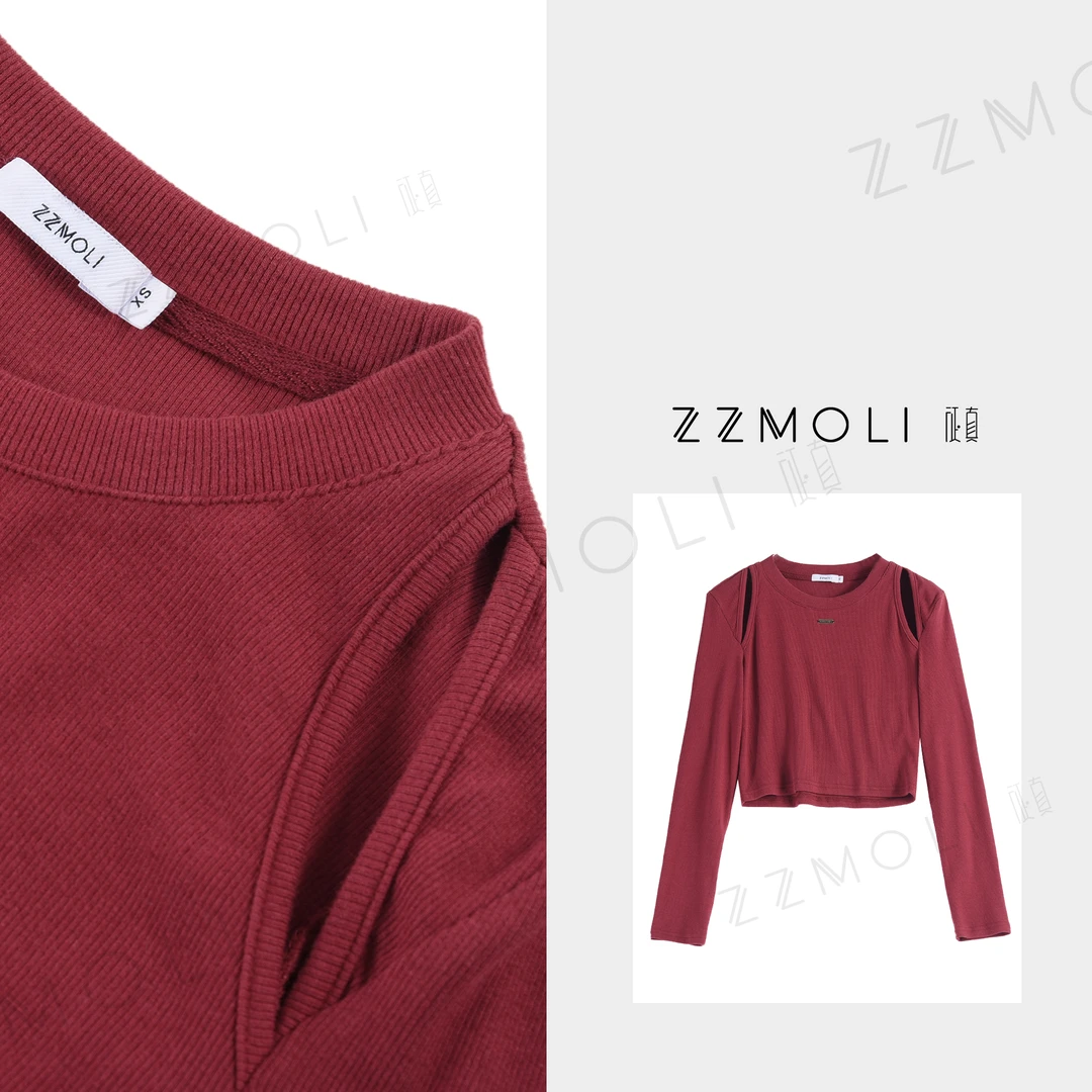 ZzMoLi小个子露肩设计感T恤女长袖百搭圆领打底上衣潮ZBY38017