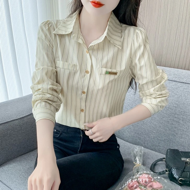 条纹衬衫女装韩版气质长袖衬衫2025春季新款百搭宽松上衣9226