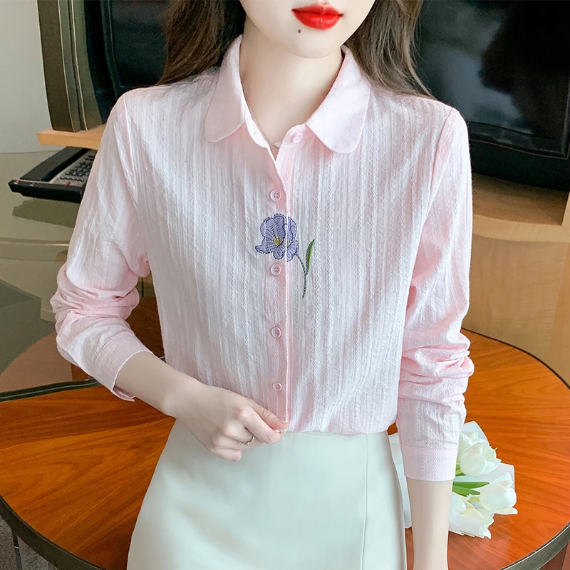 2025春秋新款气质百搭棉布上衣长袖白衬衫女绣花宽松打底衬衣2573