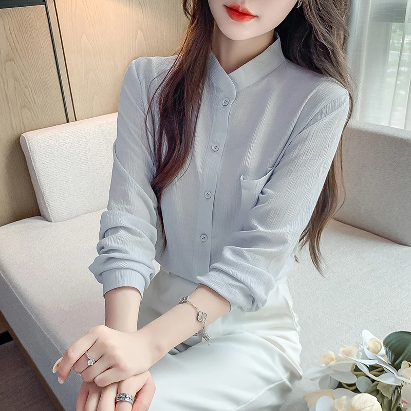 2025春季新款简约上衣立领缎面雪纺衬衫极简优雅显瘦衬衫女2643