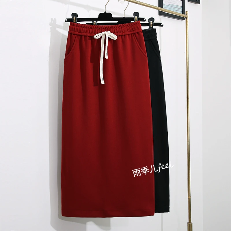 【简思】复古红色半身裙女秋季显瘦遮肚一步裙直筒裙休闲中长裙卫裙