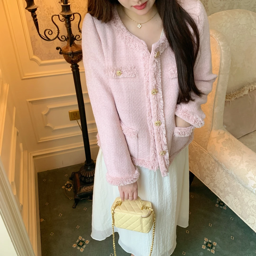 【青】唐不灵微胖《桃桃白》小香风短外套春季甜美韩版法式短款