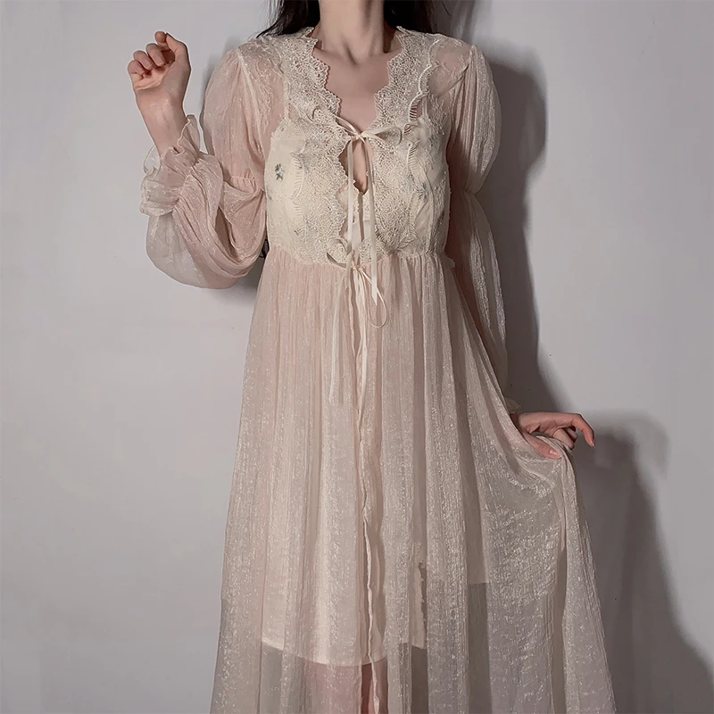 性感战袍甜美长款露背小碎花加胸垫夏季睡裙薄款外袍家居服套装