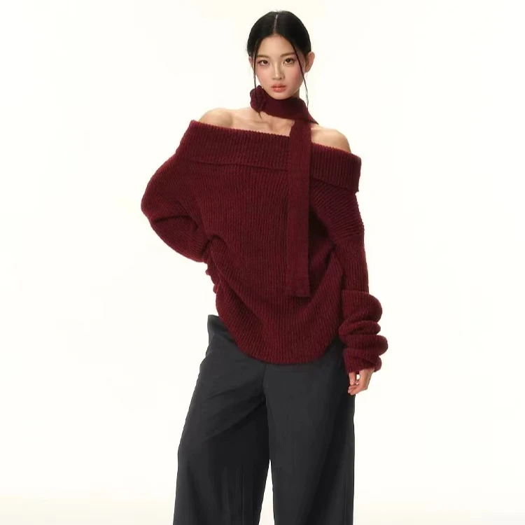 辣妹一字领毛衣女秋冬2024新款慵懒高级感露肩上衣时尚百搭宽松