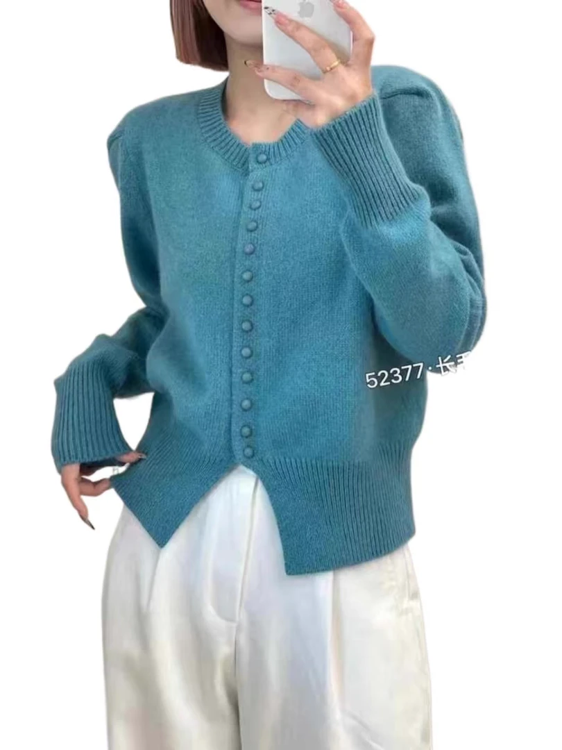 麦寻MYKLQ010冬季新款圆领针织开衫孔雀蓝全羊毛百搭毛衣外套上衣