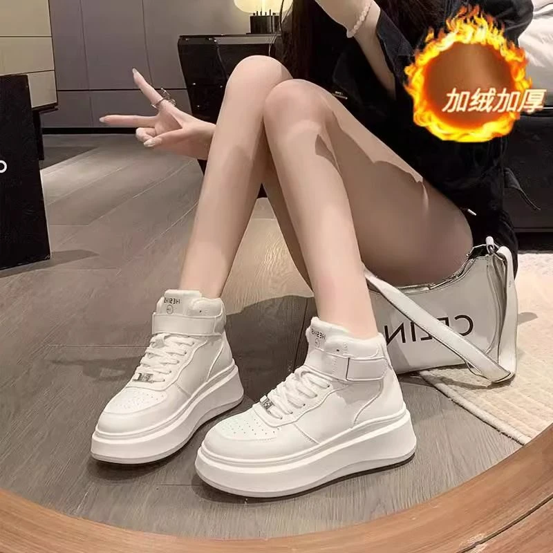 韩版超火厚底松糕小白鞋高帮鞋2024网红爆款女鞋加绒加厚休闲鞋