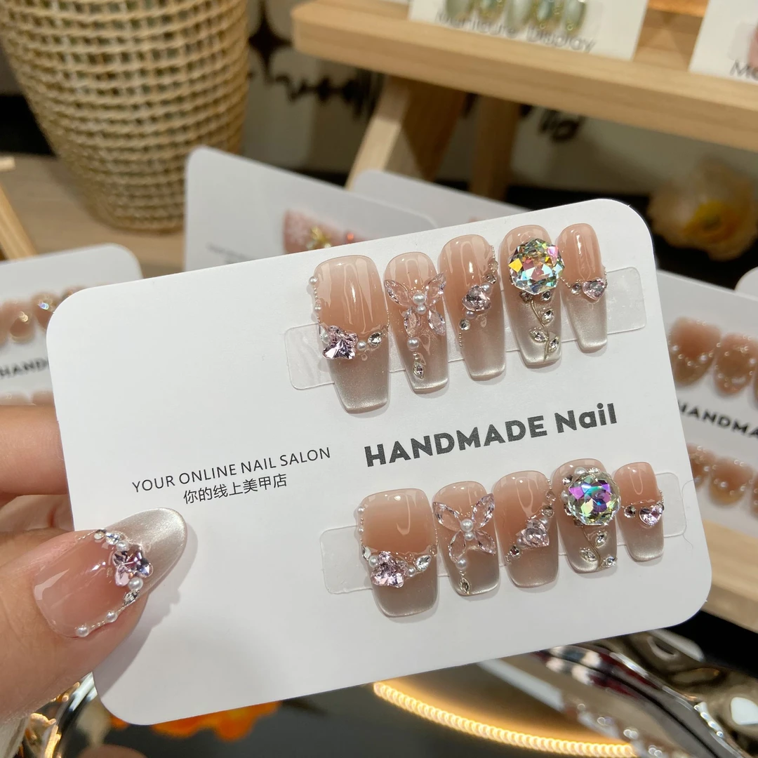 【清蝶玫瑰】纯手工穿戴甲美甲穿戴式光疗甲冰透渐变流行纯欲