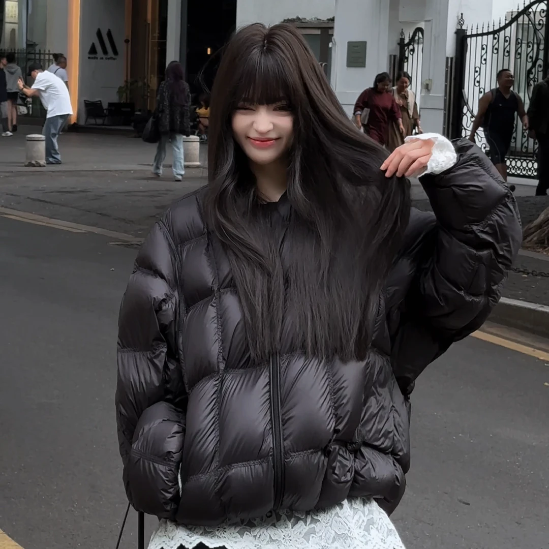 雨哥冬季简约轻薄宽松黑色羽绒服短款加厚外套