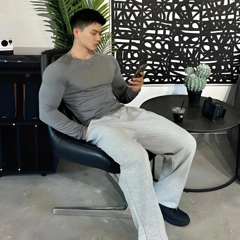 秋季新款修身弹力健身长袖男运动跑步训练速干纯色T恤圆领透气