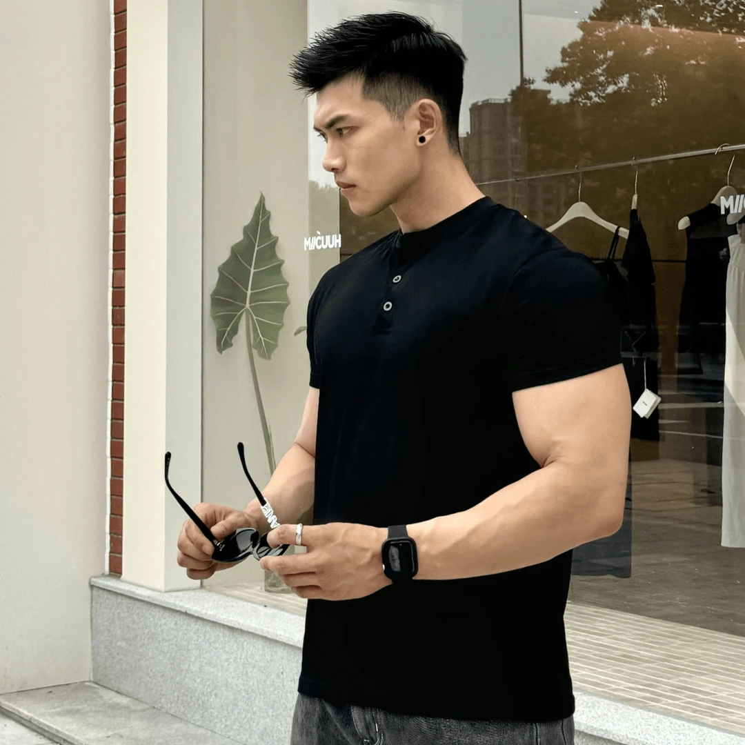 【索罗娜凉感面料】夏季男士亨利衫收袖口运动休闲短袖纯色户外透气