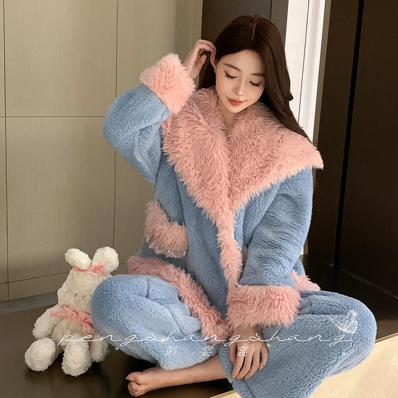 彭裳裳【粉妆蓝惜】冬装上新潮流加厚保暖睡衣居家服套装舒适百搭