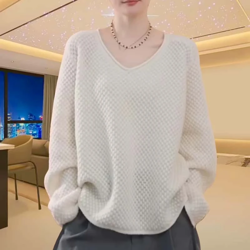 宽松V领套头长袖针织衫上衣女2025早秋新款韩版慵懒洋气大码毛衣