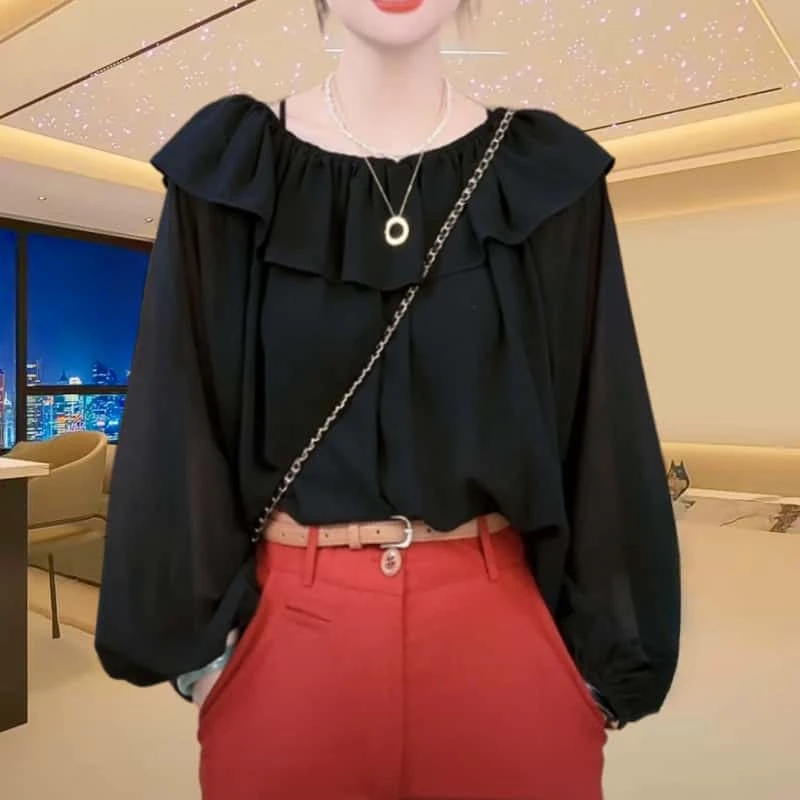 2025秋季大码法式宽松气质黑色荷叶边领衬衫女大码一字肩长袖上衣